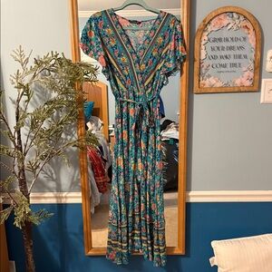 BloomchicTeal Floral V-Neck Maxi Dress